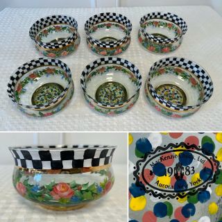 Vintage Set Of 6 Mackenzie - Childs Courtly Check/rose Hand - Painted Glass Bowls