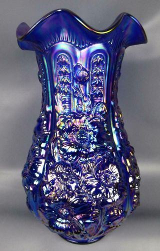 Fenton For Singleton Bailey Poppy Show Cobalt Blue Carnival Glass Vase F016