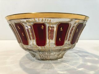 Vintage Moser Red Ruby & Gold Cut Crystal Bowl,  6 3/4 " Diameter X 3 1/4 " High