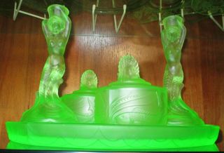 Art Deco Walther & Sohne Green Uranium Glass Nymphen Dressing Table Set