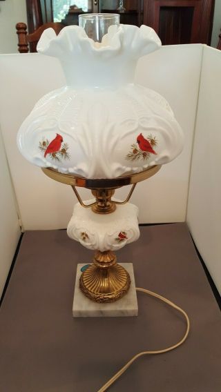 Fenton Cardinals In Winter Student Lamp White Milk Glass Hand Painted Signed