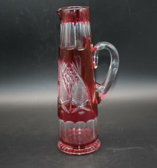 Val St Lambert Belgian Cased Cranberry Pink Cut To Clear Panels 10 " Pitcher