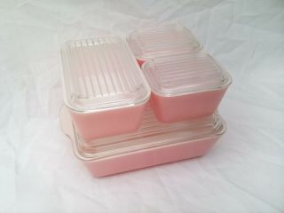 Pyrex Pink Glass Refrigerator Set 8 Piece Casserole Dish Lids Flamingo Pink