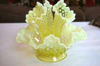 Vintage Fenton Vaseline Opalescent Hobnail Topaz Glass Flower Bowl Epergne