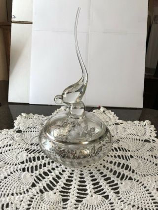 Viking Art Glass Crystal With Silver Overlay Longtail Bird Covered Candy Dish