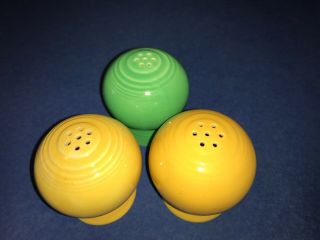 Vintage Fiesta Ware Set Of 3 Ball Salt & Pepper Shakers Yellow Green 2 1/2 " Hlc