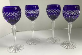 Vtg Set Of 4 Ajka Crystal Cadessia 8 - 1/2 " Wine Hock Glasses Cobalt Blue & Clear
