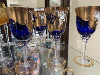 Vintage Bohemian Czech Cobalt Blue Stem Wines 6 Painted Florals Gold Stunning