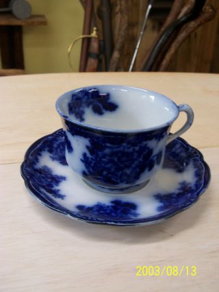Waldorf Wharf Pottery England Flow Blue Cup & Saucer Semi Porcelain