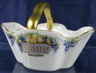 Antique Fine Porcelain Bavaria Basket With Heavy Gold & Purple Grapes