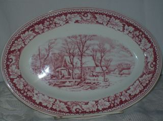 Vintage Currier & Ives Red By Homer Laughlin Gravy Boat Oval Under Plate.