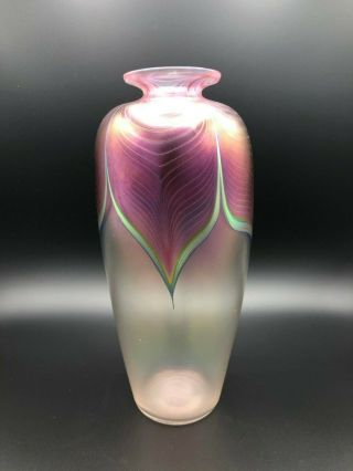 Stuart Abelman 1982 Art Studio Glass Iridescent Pink Vase,  Signed,  11 " T X 5 " W