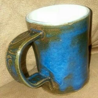 Hand Thrown Pottery Coffee Mug Stamped Mcdonough Drip Glaze Blue Brown