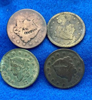 Four Coronet Head Large Cents,  2 1827,  1 1848,  1 18?? Metal Detector Find Nr