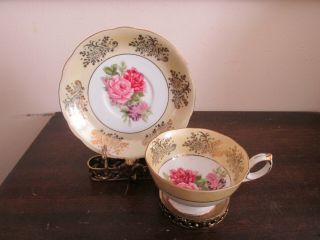 L M Royal Halsey Demitasse Cup And Saucer Flowrers Roses Yellow Gold