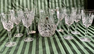 Waterford Crystal Lismore Diamond Set Of 8 Tall Glass Goblets And Pitcher