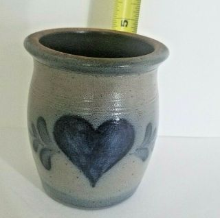 Rowe Pottery Vase Salt Glazed Cobalt Blue Heart Stoneware Vintage Dated 1991 3