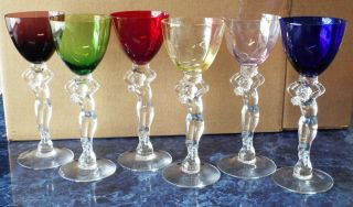 Set Of 6 Vintage Cambridge Art Deco Nude Lady Figural Claret Wine Glasses