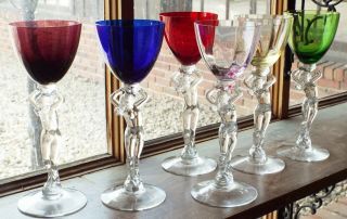 Set of 6 Vintage CAMBRIDGE Art Deco NUDE LADY Figural CLARET WINE GLASSES 2