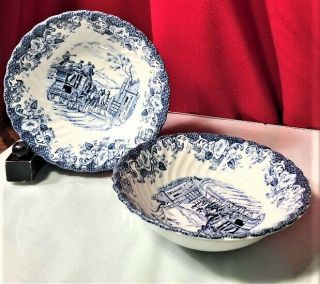 Johnson Brothers - " Coaching Scenes - Blue " Set Of 2 Cereal Coupe Bowls - -