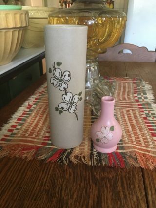 Pigeon Forge Pottery Gray Vases With Dogwood Flowers,  Grey And A Pink Vase