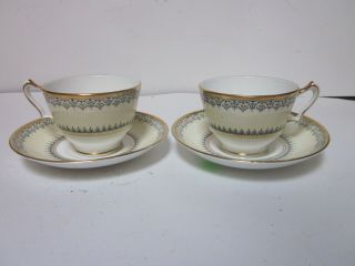 2 Vintage Crown Staffordshire Elegant Cream Black Gold Design Tea Cups & Saucers