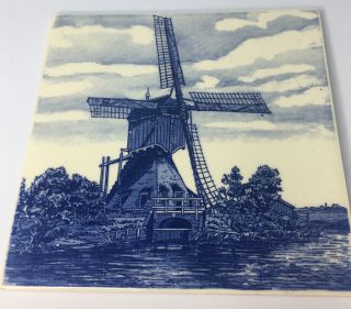 Vintage Blauw Delfts Blue White Hand Painted Windmill Tile 6” Made In Holland
