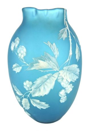 British " Thomas Webb & Sons " Art Glass Vase,  White Enamel Leaves And Berries