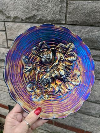 Northwood Carnival Glass Blue Rose Show Plate - Electric.  Awesome Color