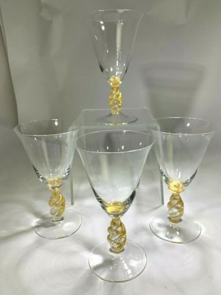 Art Deco Elegant Four Venetian Murano Art Glass Gold Twist Stem Wine Glasses