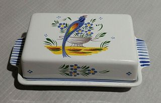 Vintage Hb Henriot,  Quimper France,  Blue Bird Covered Butter Dish Hand Painted