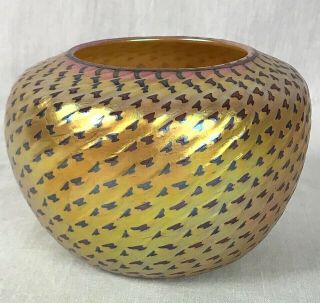 Vintage Lundberg Studios Art Glass Bowl Vase Dore & Red Cheetah Pattern 1994