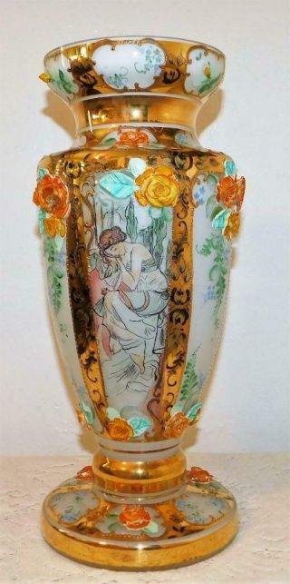 Antique Czech Moser Art Nouveau Bohemian Glass Vase Gold Gilt Handpainted Enamel