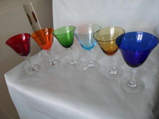 Very Old Delicate Set Of 6 Colored,  Hand Blown,  Air Twist Stem Wine Glasses