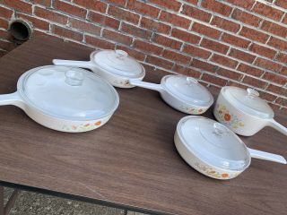 Vintage Corning Cook Ware (10) Pans,  Skillets,  Pot,  All With Lids