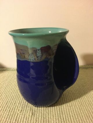 Neher Studio Hand Crafted Hand Warmer Mug Green Blue Tan Pottery