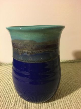 NEHER STUDIO Hand Crafted Hand Warmer MUG Green Blue Tan Pottery 3