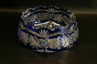 Vintage Bohemian Czech Crystal Bowl Vase Cut To Clear Cobalt Blue.