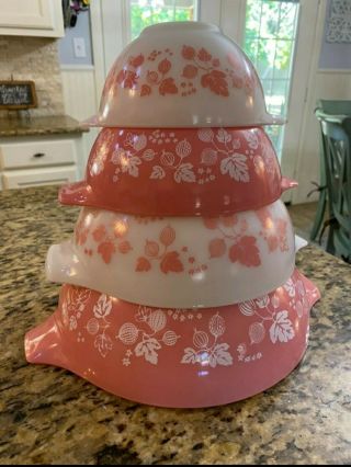 Vintage Pyrex Pink Gooseberry Cinderella Bowls Set 441 442 443 444