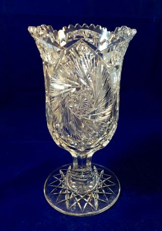 Antique American Brilliant Period Abp Cut Glass Hobstar & Fan Footed Celery Vase