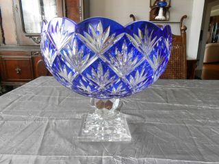 Extra Large Cobalt Blue Cut To Clear Crystal Bowl Made In Poland 10.  5 " X 10 "