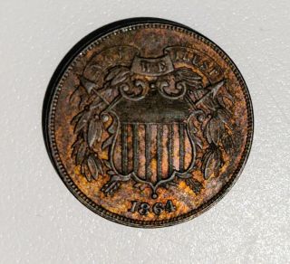 1864 Two 2 Cent Piece - Large Motto,  Fine & Details