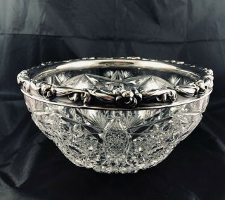 Antique American Brilliant Cut Glass & Gorham Sterling Silver Floral Rim Bowl