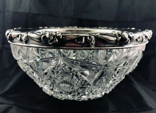 Antique American Brilliant Cut Glass & Gorham Sterling Silver Floral Rim Bowl 2
