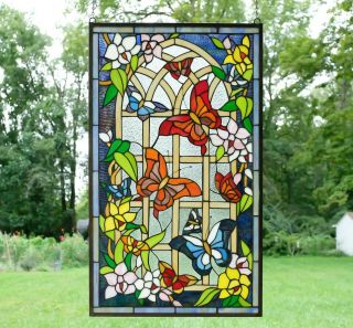 20.  5 " X 34.  5 " Handcrafted Stained Glass Window Panel Butterfly Flower Garden Wl