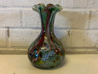 Vintage Murano Glass Vase W/ Ruffled Top Latticino Gold Silver Specks
