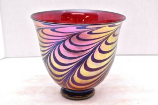 Rick Strini Iridescent Aurene Luster Pulled Feather Glass Vase Footed Bowl Large