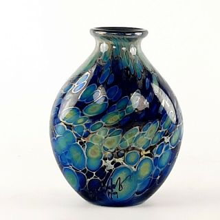 Hand Blown Blue Blossom Art Glass Vase Artist Sign