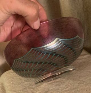 Signed Robert Held Art Glass Footed Bowl Vase Purple Blue Iridescent Blue Swirls