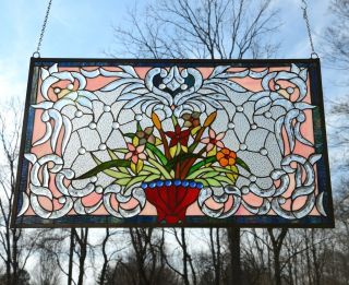 34.  75 " X 20.  75 " Handcrafted Jeweled Beveled Stained Glass Window Panel Flower